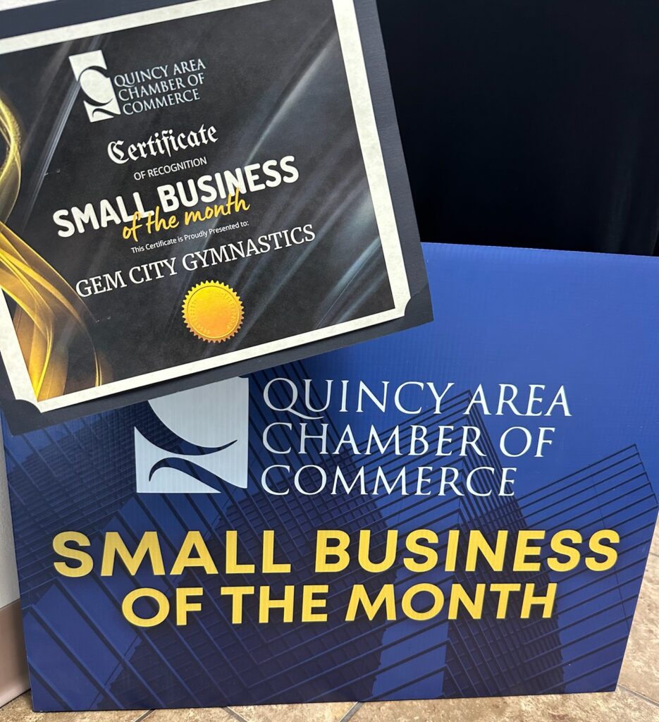 The Small Business of the Month certificate presented to Gem City by the Quincy Area Chamber of Commerce